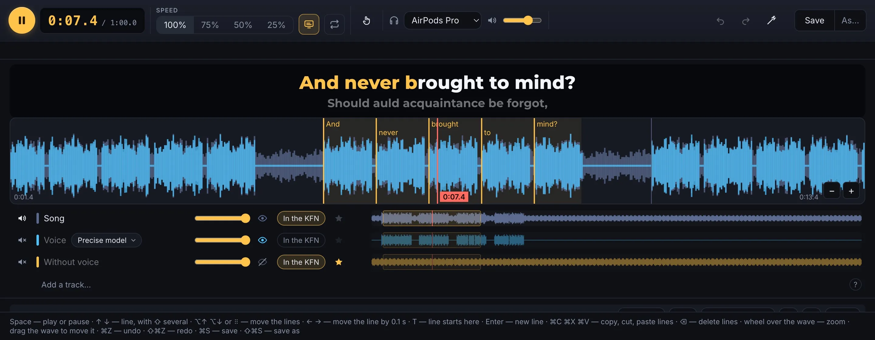 The RocketKaraoke song editor with a song's lines and its voice's wave
