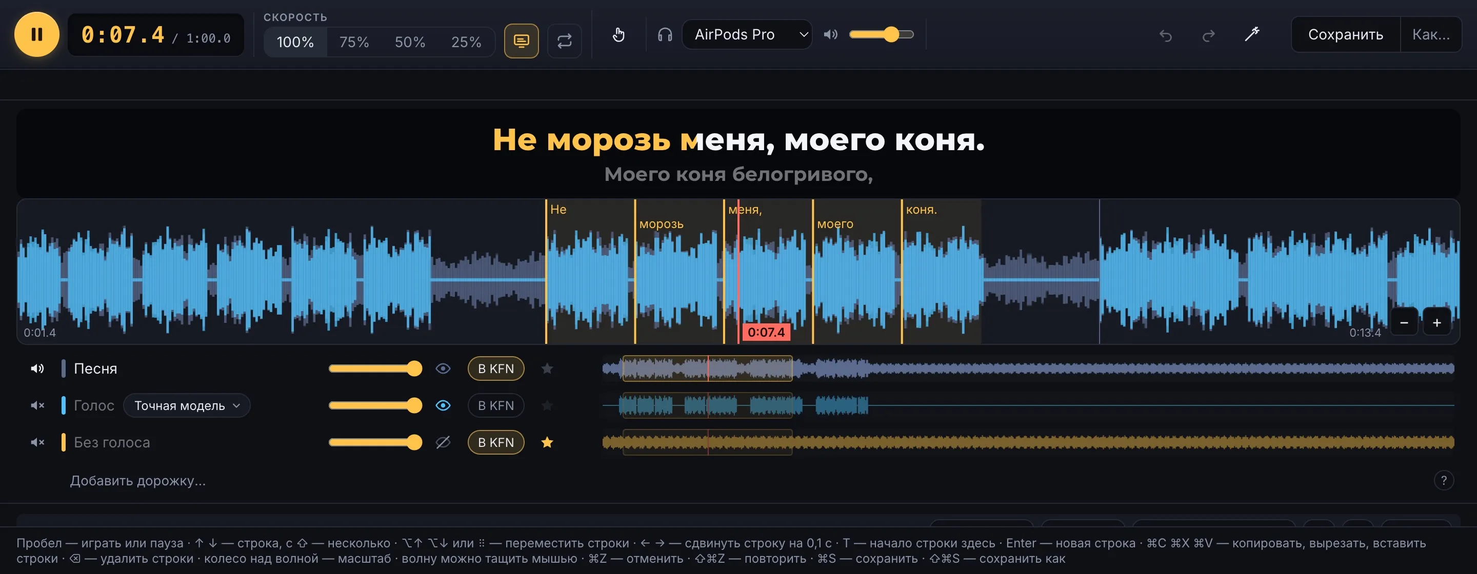 Редактор RocketKaraoke со строками песни и волной голоса